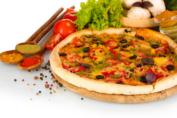 delicious pizza, vegetables and spices  isolated on white