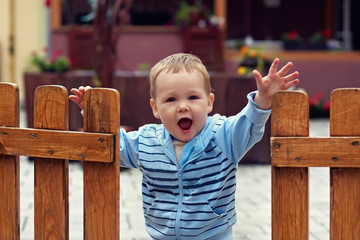 Cute boy standing in open wooden fence with welcome expression