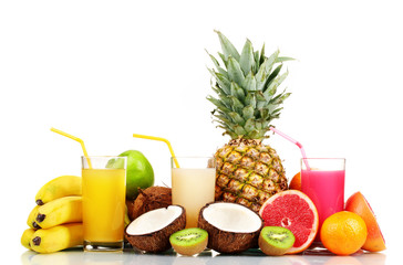 Tropical fruits and juice isolated on white