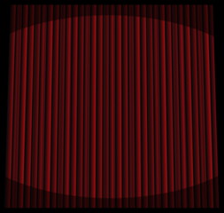 Large red stage curtain with spot lights on black background
