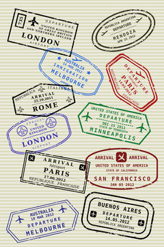 Passport page with travel stamps - traveler's visas