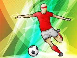 Soccer player kicking a ball on abstract background