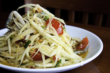 Close up  Thai papaya salad with blue crab