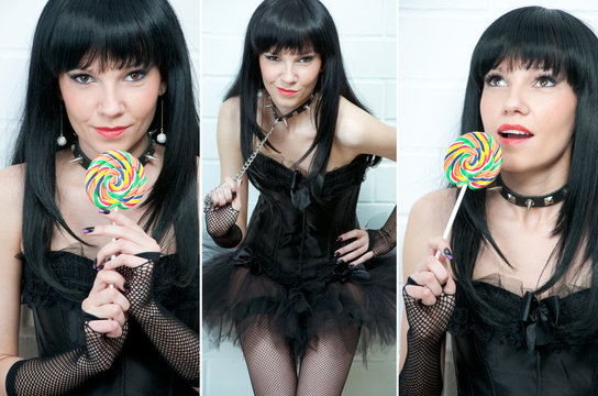 Sensual dark-haired young woman holding a lollipop, collage