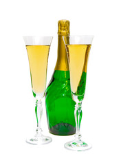 glasses and a bottle of champagne on a white background