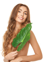 woman with green leaf