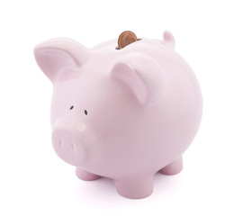 Piggy bank with one Euro cent in slot