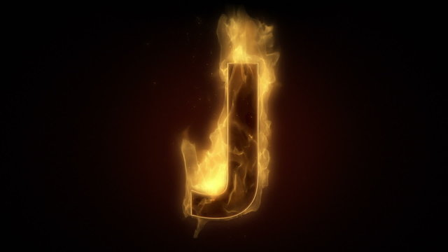 Fiery letter J burning in loop with particles