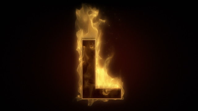 Fiery letter L burning in loop with particles