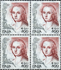 Femme à la Licorne. Raphael. Timbre postal Italien.