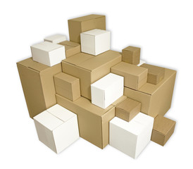 Pile of blank cardboard boxes isolated on white