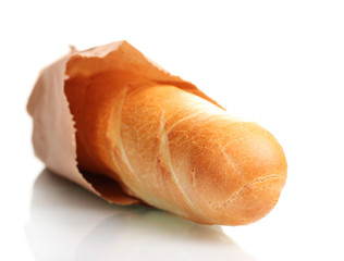 delicious baguette in paper bag isolated on white