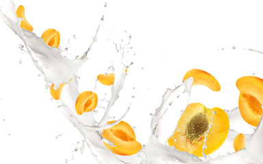 Apricots in milk splash, isolated on white background