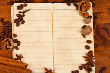 old paper for recipes and spices on wooden table