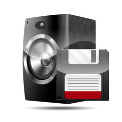 Icono altavoz 3D con simbolo disquete