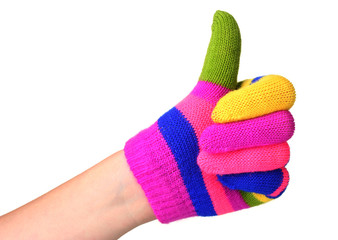 bright striped baby gloves on hand isolated on white