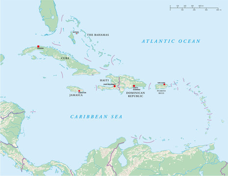 Caribbean islands political map. Greater and Lesser Antilles with capitals, national borders, rivers and lakes. Illustration with english labeling and scale. Vector.