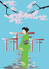 鳥居と桜と女性　torii,woman,cherry