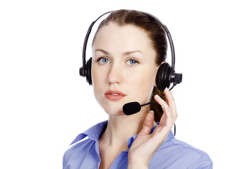 Support phone operator in headset, isolated on white