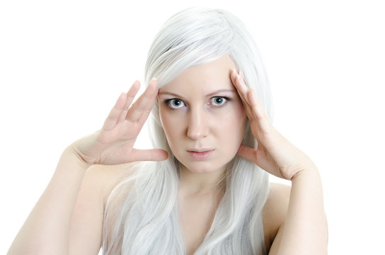 girl with hands touching the face isolated on white