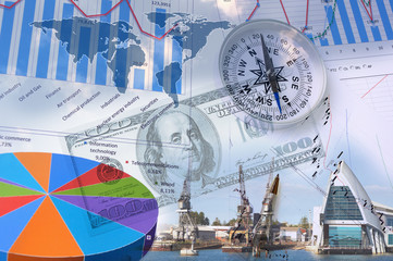 Financial charts with lighthouse on the background
