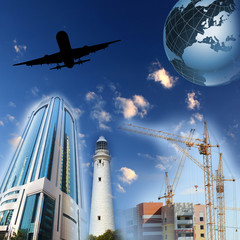 Financial charts with lighthouse on the background