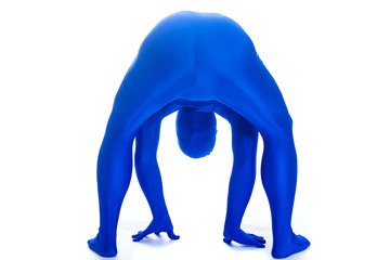 Faceless blue man bent over looking between his legs