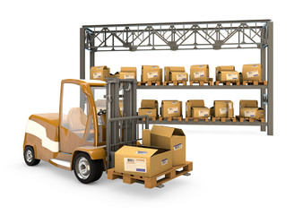 forklift with boxes, shelves with boxes with clipping path.