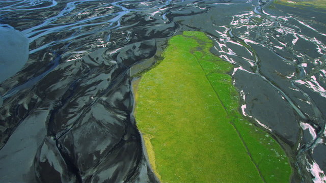 Aerial View of Green Acres by River Deltas, Iceland