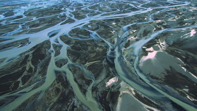 Aerial View of Glacial Meltwater in River Deltas, Iceland