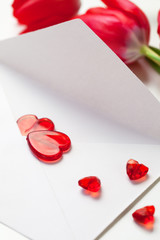 Red hearts ,letter and tulips
