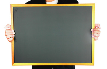 Human holding empty wood board