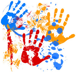 Paint splatters with silhouettes of hands, vector illustration