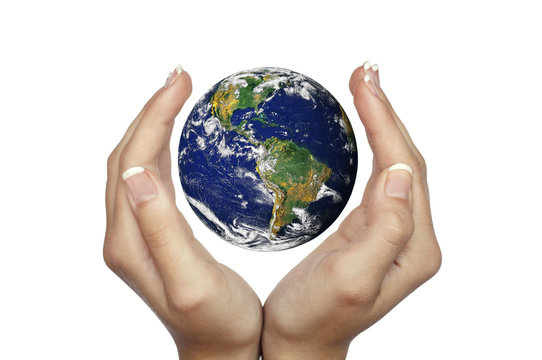 Hands holding planet Earth isolated on white
