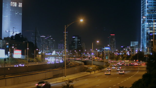 Time lapse of road traffic in Tel Aviv at night