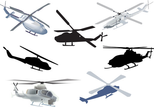 set of seven helicopters isolated on white