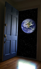Door opening to the earth  and a star-filled sky