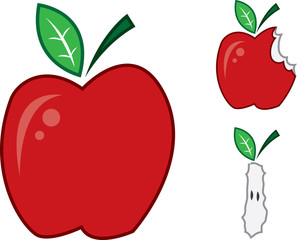 Isolated apples.  One whole, one bitten and one bit to the core.