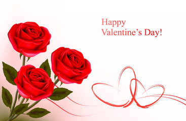 Valentine background. Red roses and gift red bow