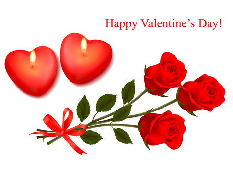 Valentine background. Red roses and two heart candles