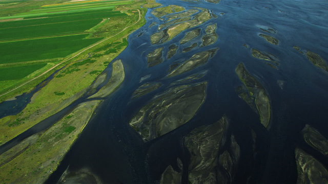 Aerial View of Fertile Land with Arctic Meltwater, Iceland