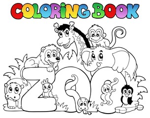 Coloring book zoo sign with animals - 37811255