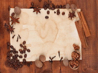 old paper for recipes and spices on wooden table