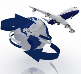 passenger jet airplane travels around the world