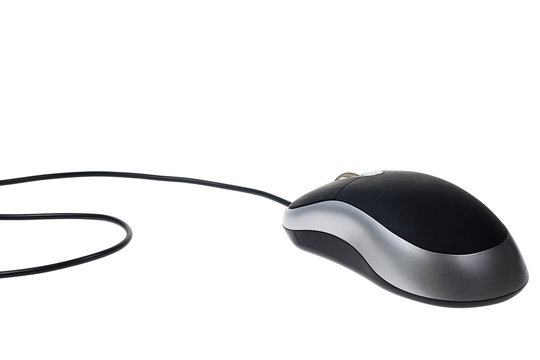 Wired mouse on white background, unbranded, with wire leading off to the left, grey and black mouse