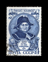Vitus Bering, Russian Navy., famous seafarer, USSR, circa 1981. vintage canceled post stamp isolated on black background.