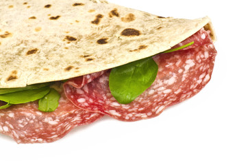 Piadina Romagnola-Tortilla with salami and salad