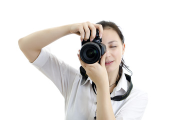 young brunette girl with photocamera, isolated