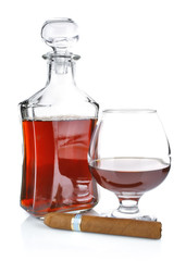 cognac in goblet with cigar isolated on white background