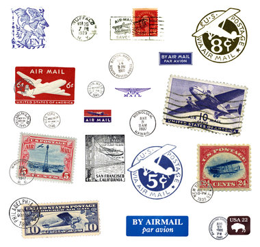 Verschiedene Briefmarken und Poststempel aus USA, teilweise alt